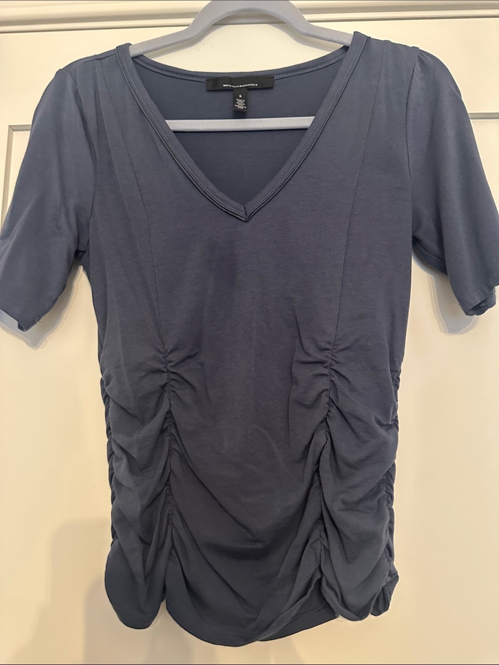 WHBM Slate Blue V-Neck Ruched Side Short Sleeve Top
